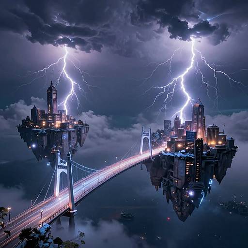 Digital artwork of two city-islands connected by a glowing bridge, struck by lightning, under a stormy night sky with bright flashes.