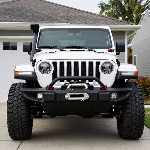 Photograph of a white Jeep Wrangler with large black tires, front-facing, mounted winch, parked on a suburban driveway with a grey-roof