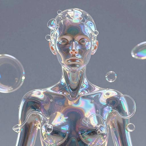 Digital CGI image of a silver, reflective, androgynous figure with iridescent bubbles floating around, set against a gray background.