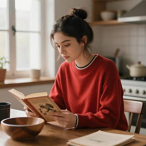 Woman Reading Vintage Book in Kitchen