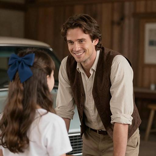 Photograph of a smiling, dark-haired man in a white shirt and brown vest, talking to a girl with long brown hair and a blue bow,