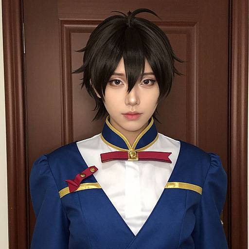 Photograph of an Asian male cosplayer with black, spiky hair, wearing a blue and white military-style uniform with gold trim and red ribbon,