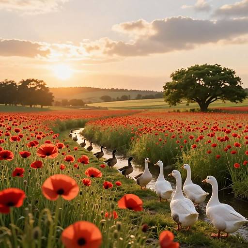 Photograph of a sunset over a vibrant field of red poppies, with white geese and black ducks walking along a narrow stream, surrounded by green