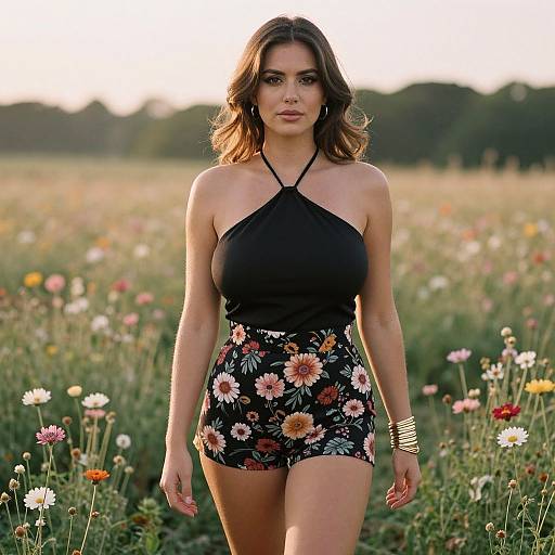 Photograph of a brunette woman with wavy hair, wearing a black halter top and floral shorts, walking through a sunlit meadow of colorful