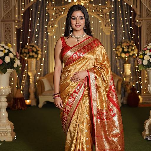 Photograph of an Indian woman in a gold and red silk saree, adorned with jewelry, standing confidently in a warmly-lit, floral-decor