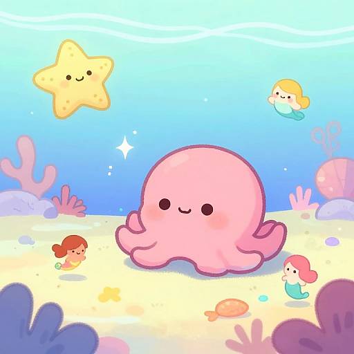 Cute digital illustration of a pink, smiling octopus in an underwater scene with colorful sea creatures, coral, and a starfish.