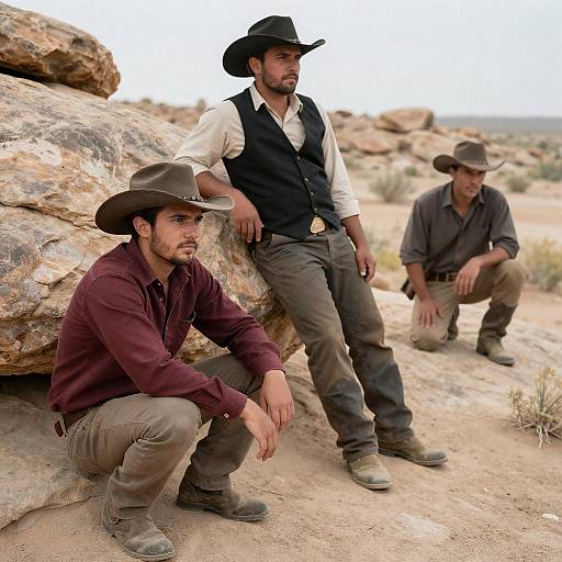 Desert Cowboy Trio in Rugged Landscape