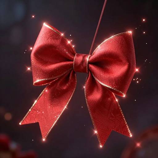 Photograph of a glittery red bow adorned with small, twinkling lights against a dark, blurred background, creating a festive, sparkling effect.