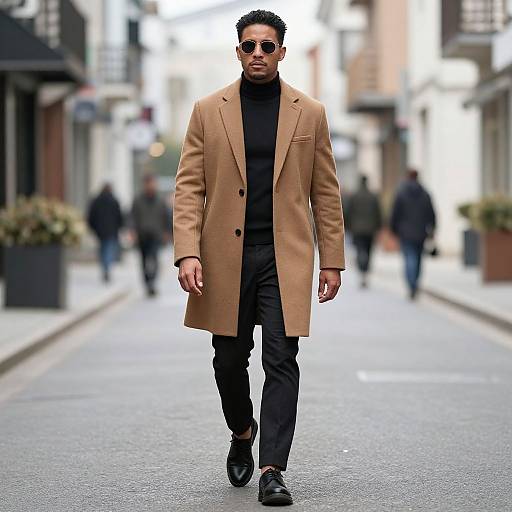 Photograph of a stylish man in a tan coat, black turtleneck, black pants, and sunglasses walking down a blurred urban street.