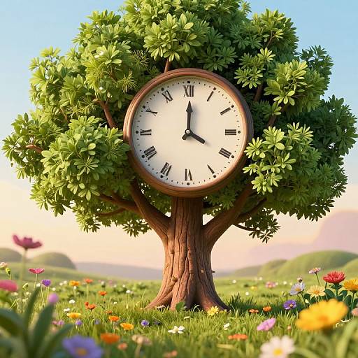 Photorealistic CGI of a clock-shaped tree with lush green leaves, standing in a colorful meadow, showing 3:00.