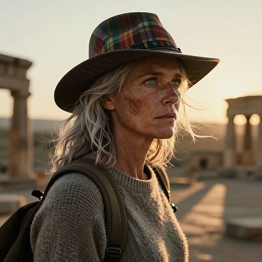 Photograph of a mature woman with silver hair, freckles, wearing a plaid hat, gray sweater, and backpack, standing in front of