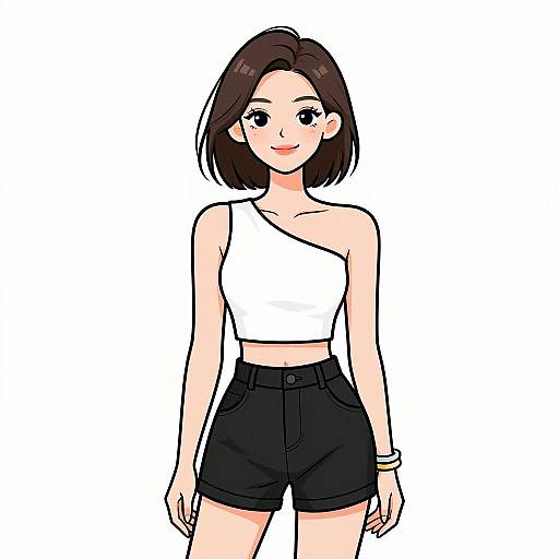 Digital anime-style drawing of a smiling woman with short brown hair, wearing a white one-shoulder crop top and black high-waisted shorts.