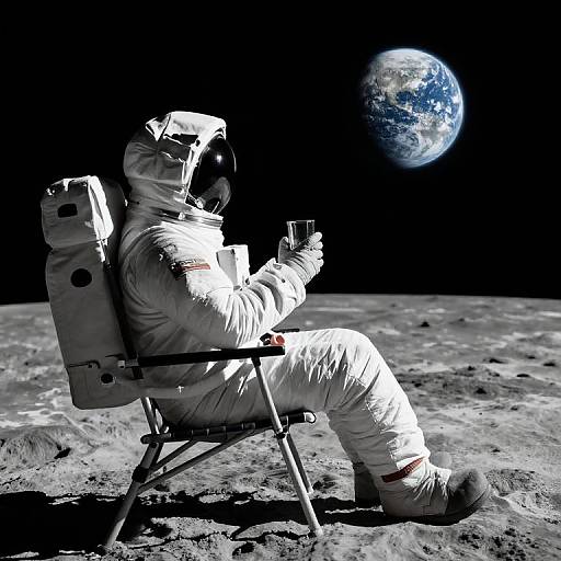 Photograph of an astronaut in a white spacesuit, helmet, and backpack, sitting on a chair on the moon's surface, holding a smartphone,