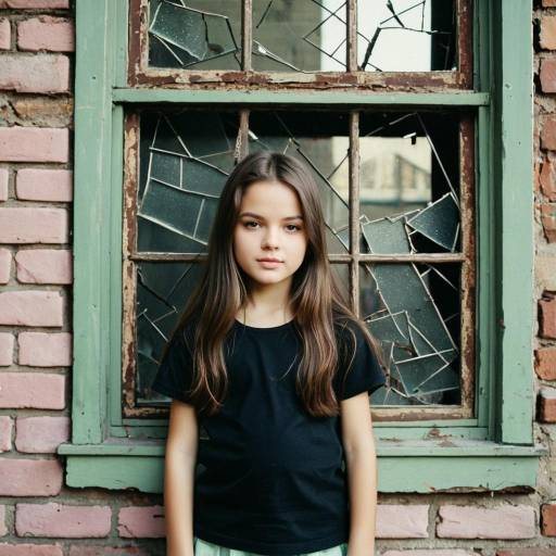 Young Girl Standing by Broken Window