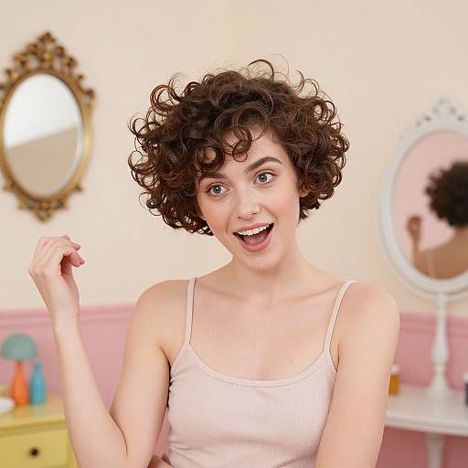 Photograph of a curly-haired, fair-skinned woman with blue eyes, wearing a white tank top, smiling widely in a pastel pink bedroom with