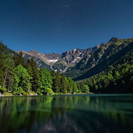 Photograph of a serene mountain lake, reflecting lush green trees and towering, snow-capped peaks under a clear, deep blue sky.