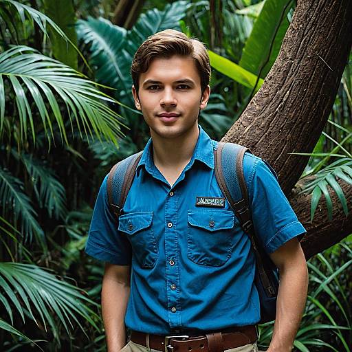 Young Man Wearing Blue Jurassic World Costume in Jungle