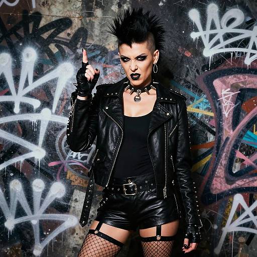 Photograph of a punk woman with black spiky hair, leather jacket, black shorts, fishnet stockings, and choker, pointing a finger upwards