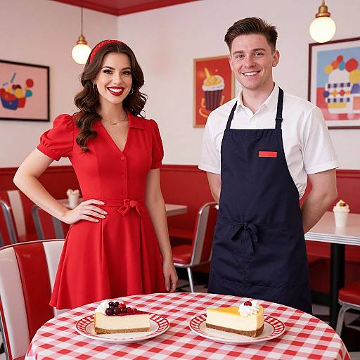 Photograph of a smiling couple in a retro diner; woman in red dress, man in white shirt and black apron, cakes on checkered table