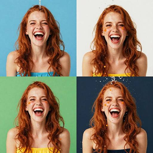 Photograph of a red-haired woman with wavy hair, laughing in four different panels with blue, white, green, and navy backgrounds. She wears
