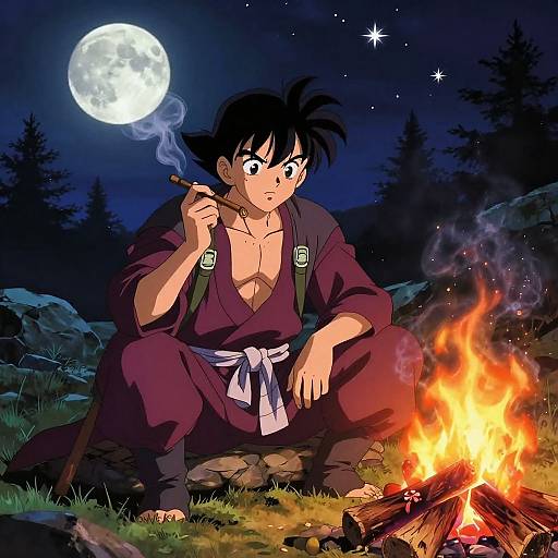 Anime-style drawing of a muscular young man in a purple gi smoking a cigarette by a campfire under a full moon.