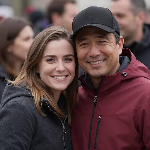 Smiling Couple in Crowded Outdoor Scene