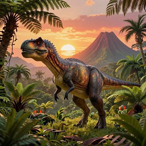 Digital illustration of a colorful, detailed dinosaur with blue and green scales standing in a lush, prehistoric jungle at sunset, with a volcano in the background