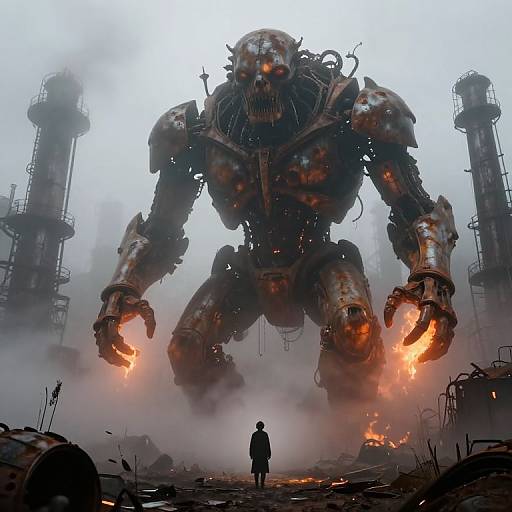 Photograph-like CGI of a towering, rusted, mechanical monster with glowing eyes and arms, standing amid smoky ruins, with a small silhou