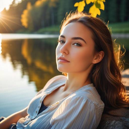 Serene Lake Shore Portrait at Golden Hour Serene Lake Shore Portrait at Golden Hour