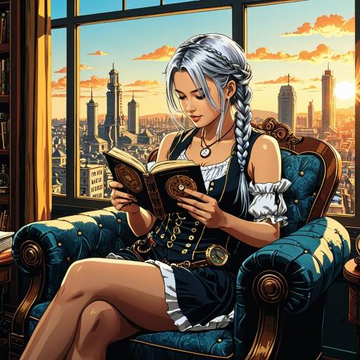 Young Woman Reading in Steampunk Style Armchair