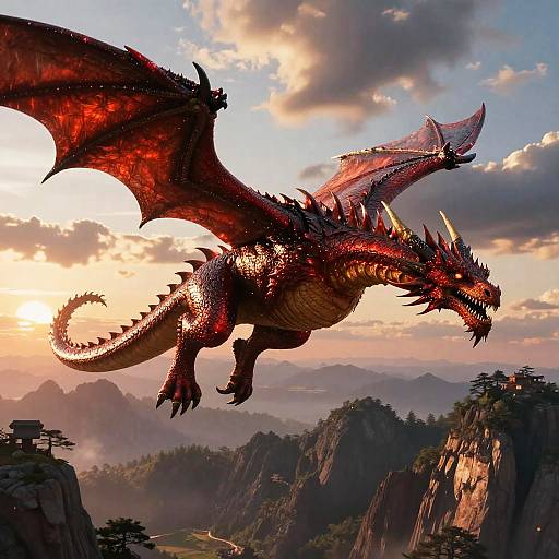 Realistic Red Dragon Flying Over Mountains at Sunset