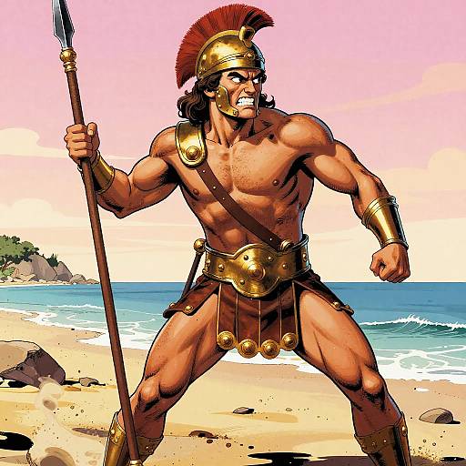Muscular ancient warrior with red helmet, gold armor, and spear, stands on sandy beach with blue ocean and pink sky background. Digital comic art style