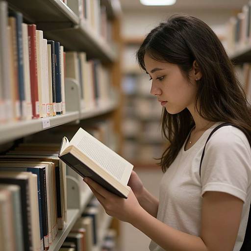 Photograph of an Asian woman with long dark hair, wearing a white t-shirt, reading a book in a library, surrounded by bookshelves.