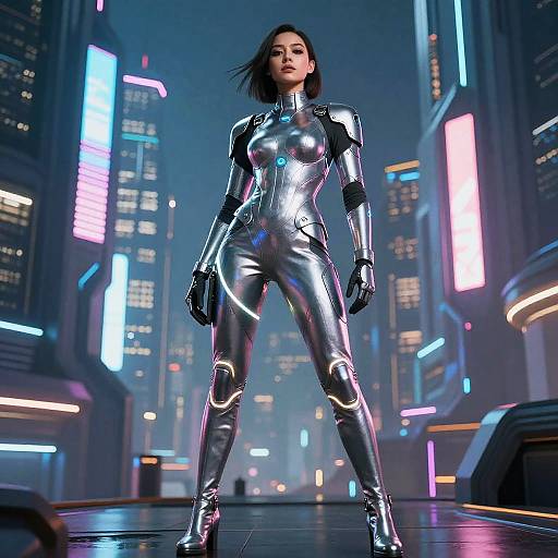 Confident Female in Futuristic Cityscape