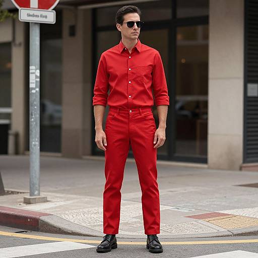 Photograph of a man in bright red shirt and pants, black shoes, dark sunglasses, standing on urban street corner, city background.