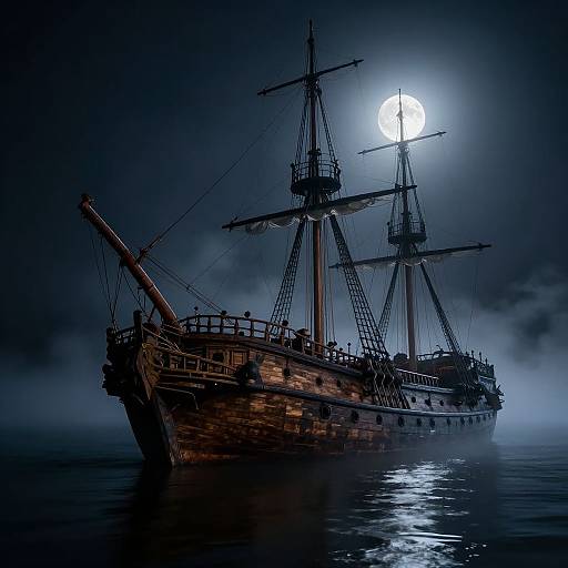 Photorealistic digital artwork of a dark, weathered wooden pirate ship at night, illuminated by a full moon, with misty reflections on calm water