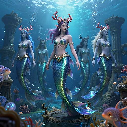 Digital artwork of four underwater mermaids with glowing blue-green scales and red coral crowns, floating among ancient ruins and colorful sea life.