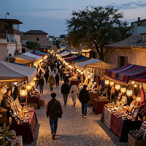 Photograph of a bustling evening market with warm, glowing lanterns, colorful stalls, and shoppers on a cobblestone street, surrounded by historic buildings