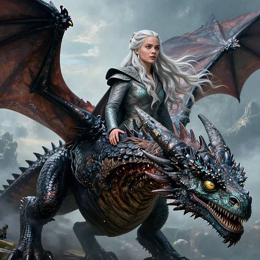Digital art of a white-haired woman in dark, armored attire riding a fierce, black dragon with glowing yellow eyes in a stormy, cloudy landscape.