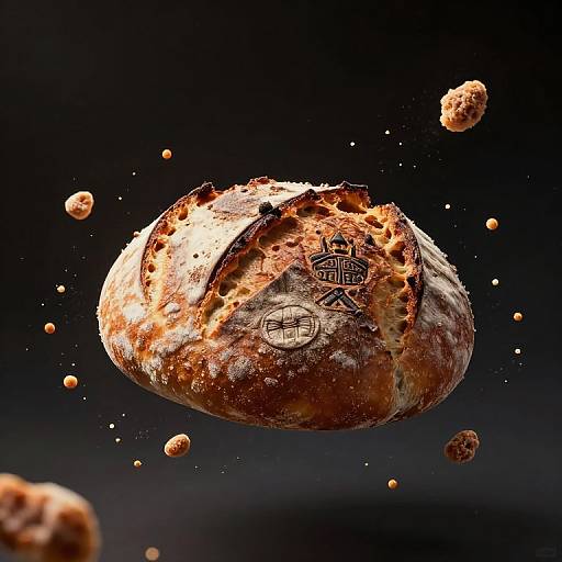 Photorealistic CGI of a broken bread roll with crumbs floating in mid-air, against a dark background. Crumbs and bread pieces are scattered, with
