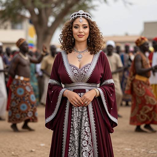 Photograph of a curly-haired woman with medium brown skin, wearing an ornate maroon traditional dress with silver embroidery, standing in a blurred outdoor market