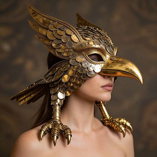 Photograph of a woman with golden, intricately detailed bird mask, featuring metallic feathers and beak, against a dark, textured background.