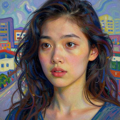 Digital painting of a young Asian woman with long, wavy black hair, soft pink lips, and brown eyes, set against a vibrant, abstract city