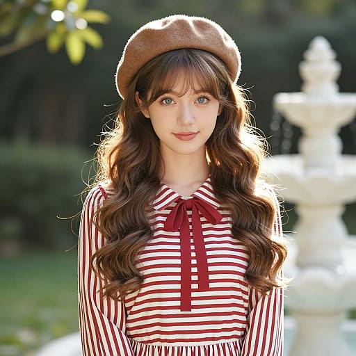 Photograph of a fair-skinned, young woman with long, wavy brown hair, wearing a brown beret and red-striped blouse with red bow