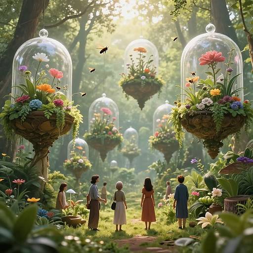 Digital fantasy art: Sunlit forest path with crystal-domed flower baskets, colorful blooms, four children in vintage clothes, butterflies, and lush greenery