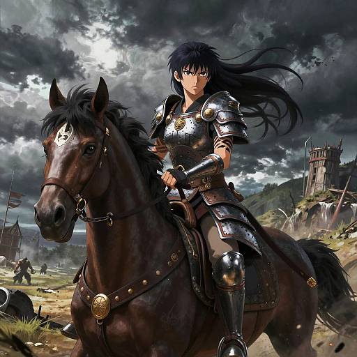 Warrior Woman on Armored Horse in Fantasy Battle Scene