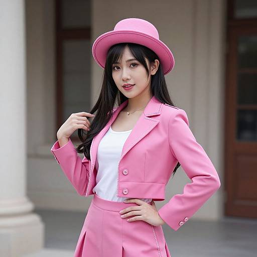 Photograph of an Asian woman with long black hair, wearing a pink hat, matching pink blazer, and skirt, standing outdoors.