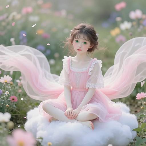 Digital artwork of a young girl with green eyes, pink dress, and translucent wings, sitting on a white cloud in a colorful meadow.