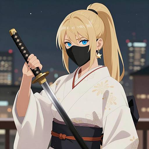 Blonde Warrior in a Cityscape Night