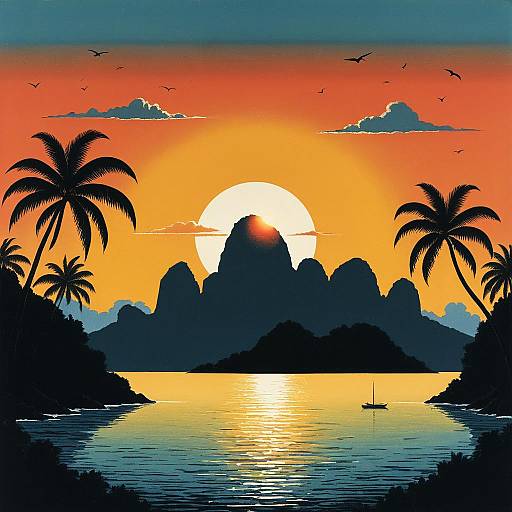 Sunset Over Tropical Islands Illustration